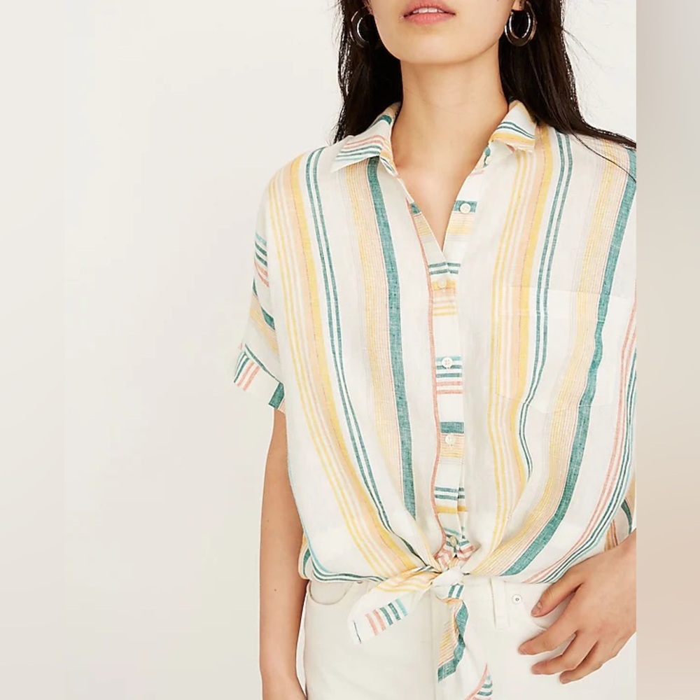 Madewell Linen Short-Sleeve Tie-Front Shirt in Pineapple Stripe